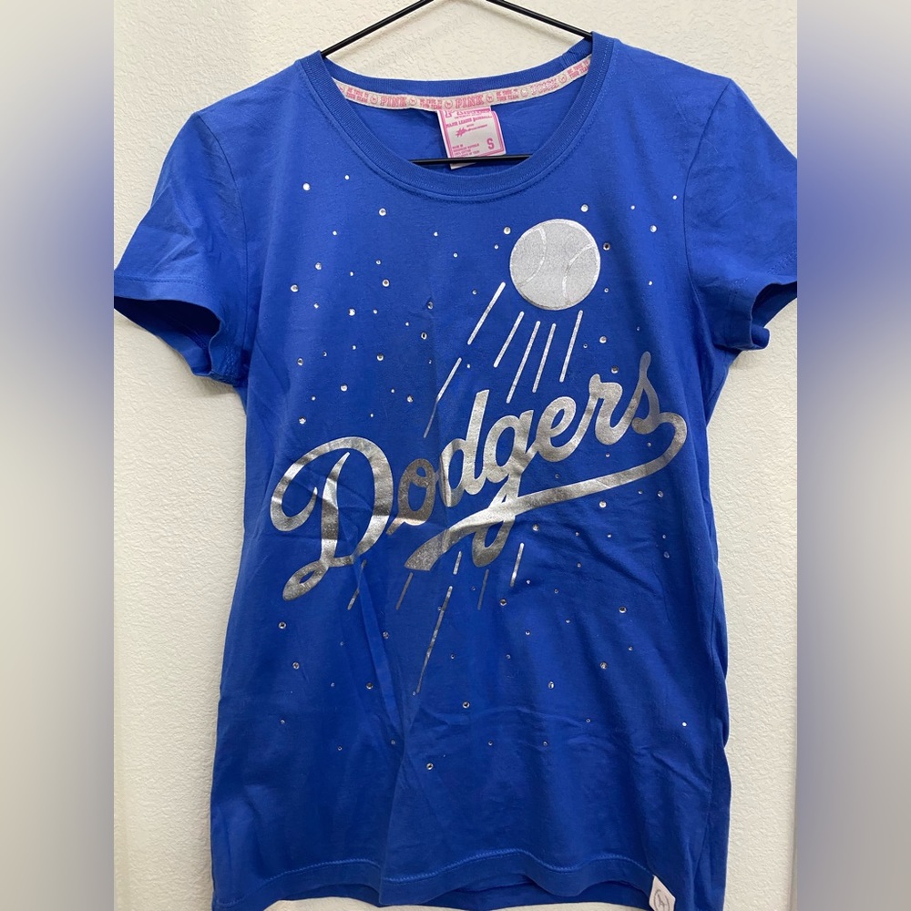 Dodgers shirt, rhinestones, metallic; small; Victoria Secret Pink